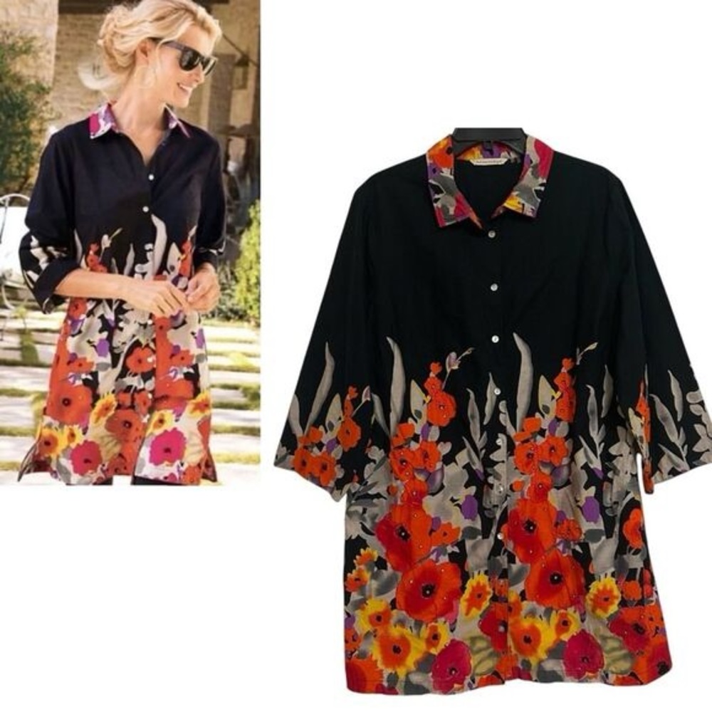 Soft Surroundings Black and Red Floral Button Down Shirt size Xal - Picture 4 of 10